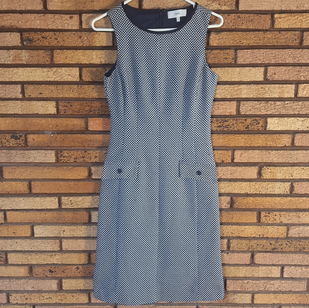 Next Size 6 Navy And White Herringbone Dress